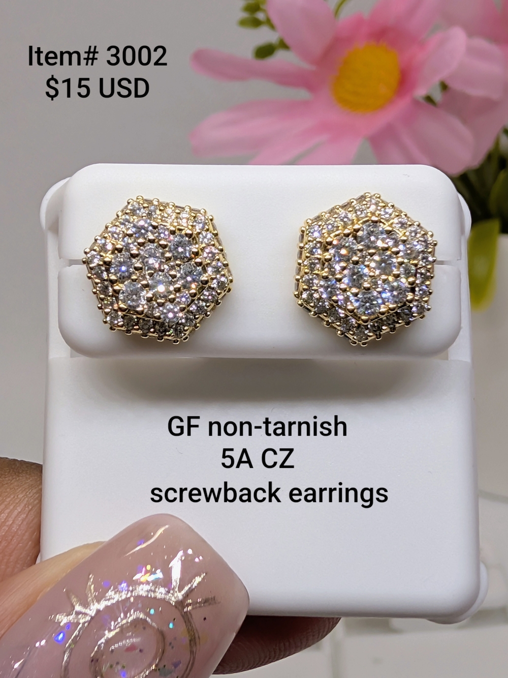 Gold-Tone Hexagon Screwback Earrings with Clear CZ Accents